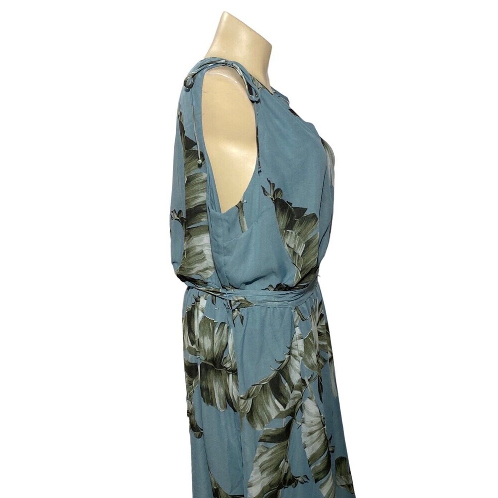NWT Lane Bryant Dress 26 Dusty Blue Green Midi Drawstring Tropical Leaves Belt - Picture 3 of 8